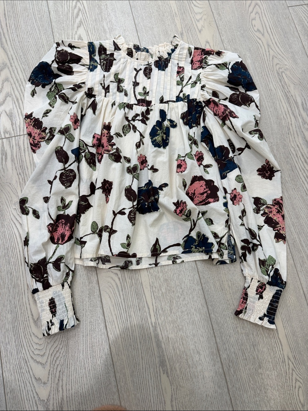 Cleobella White Floral Pintuck Blouse with Pink & Blue Blooms